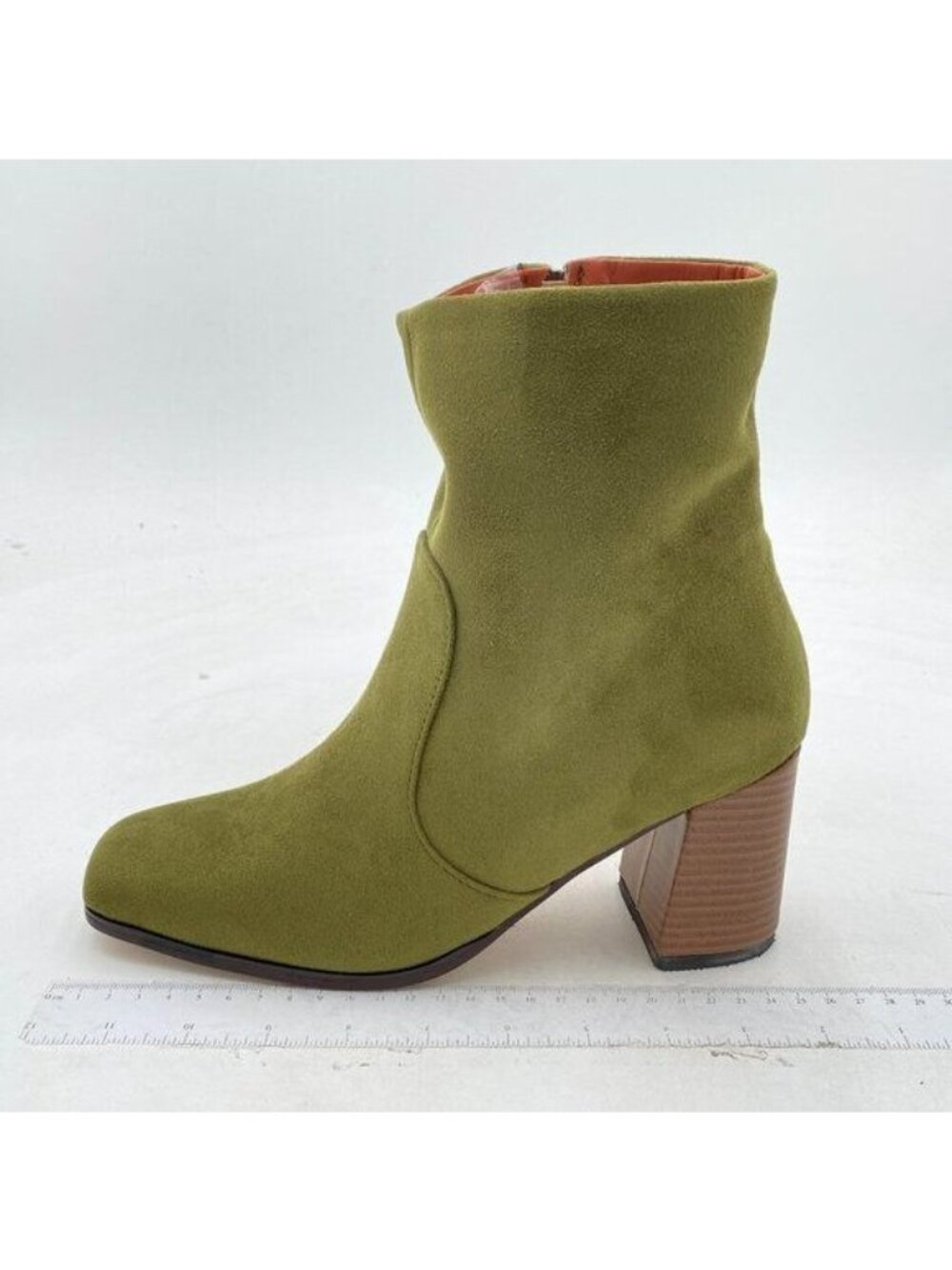 Green  Round Toe Chunky Stacked Mid Heel Ankle Suede Booties with Side Zip Shoes